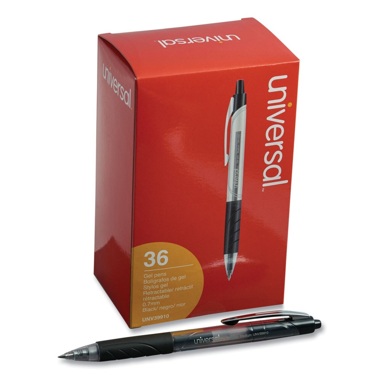 Universal 0.7 mm. Medium Comfort Grip Retractable Gel Pen - Black Ink, Clear/Black Barrel (36/Pack)